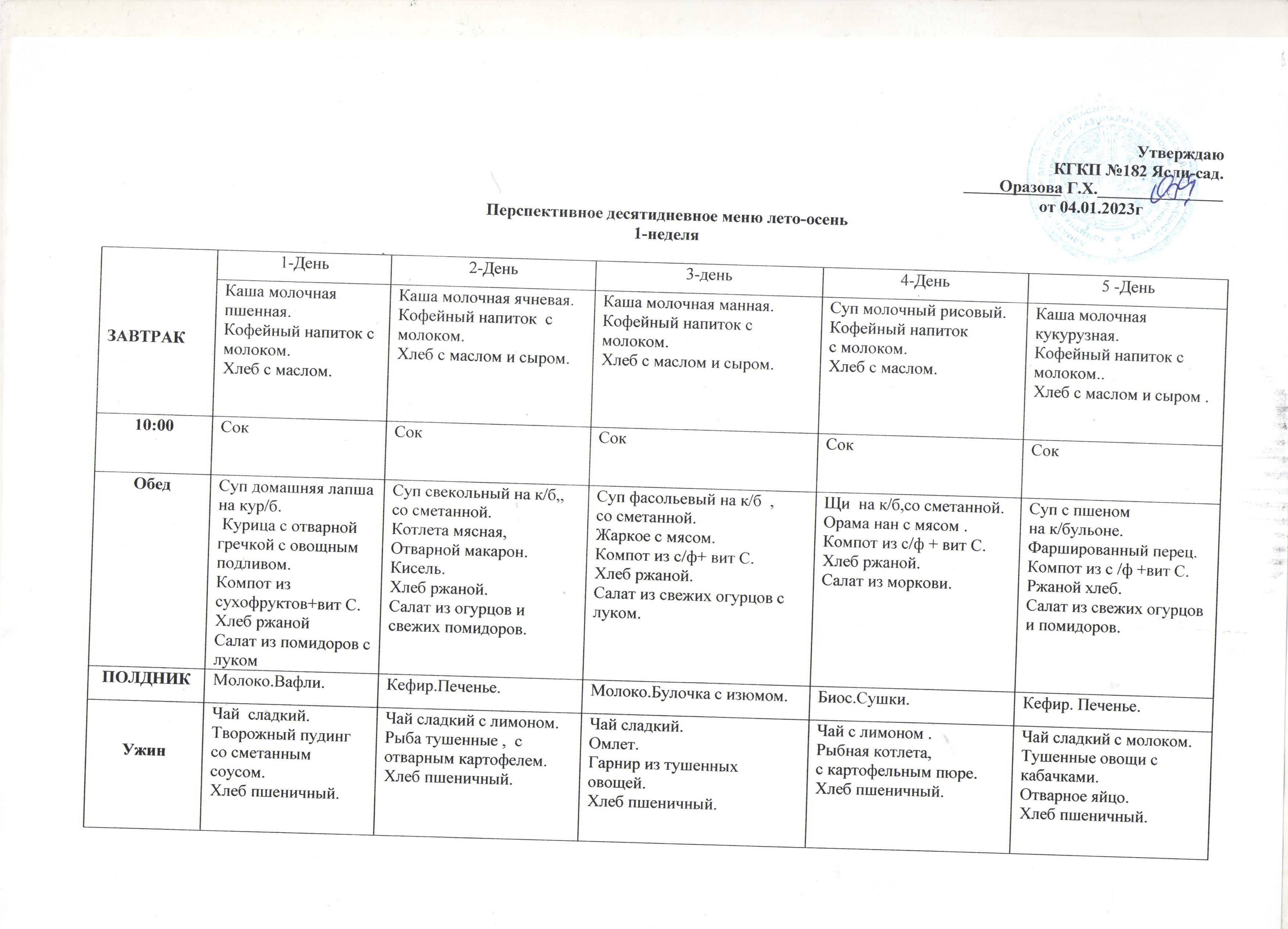 Онкүндік перспективті ас мәзірі, жаз- күз   2023-2024 оқу жылы/ Десятидневное перспективное меню лето- осень  на 2023-2024 уч.год